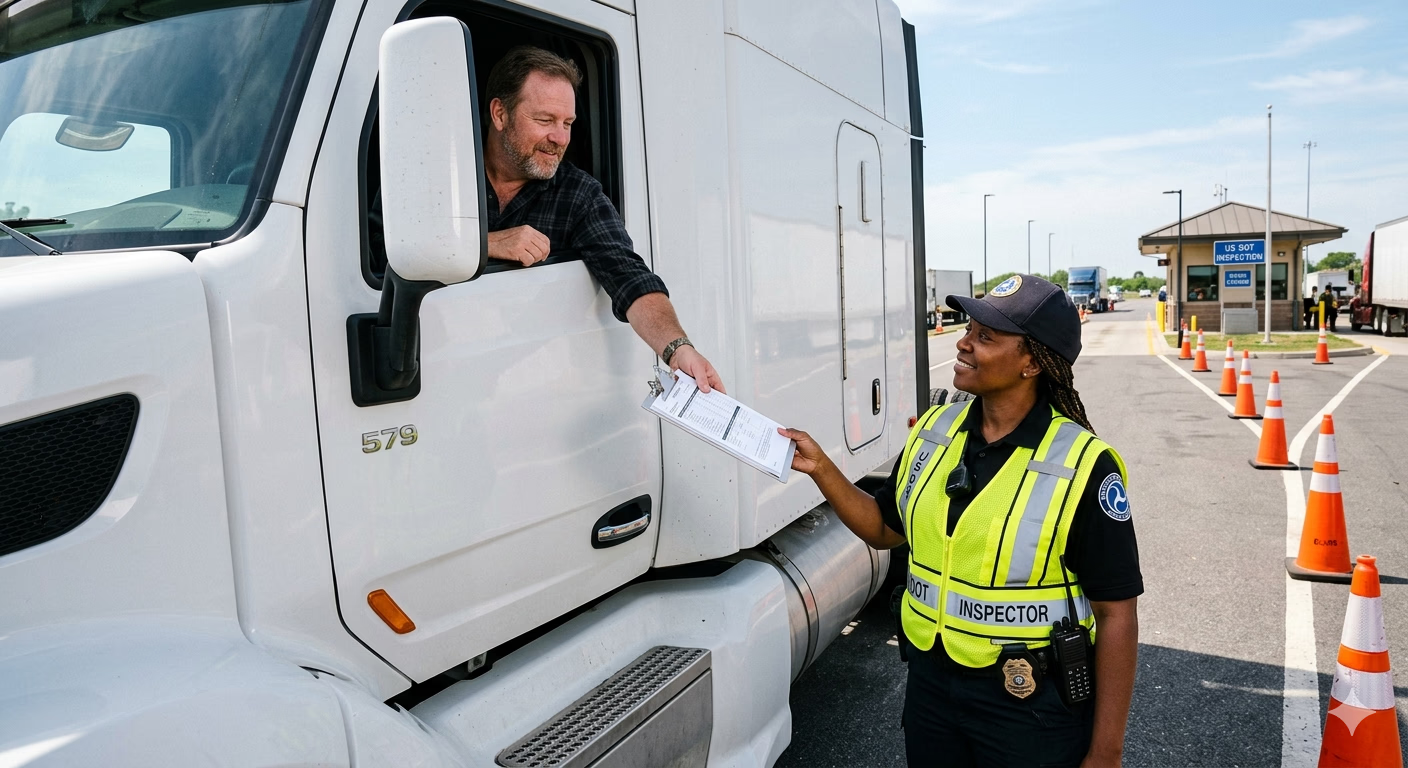 DOT inspector handing paperwork to a truck driver