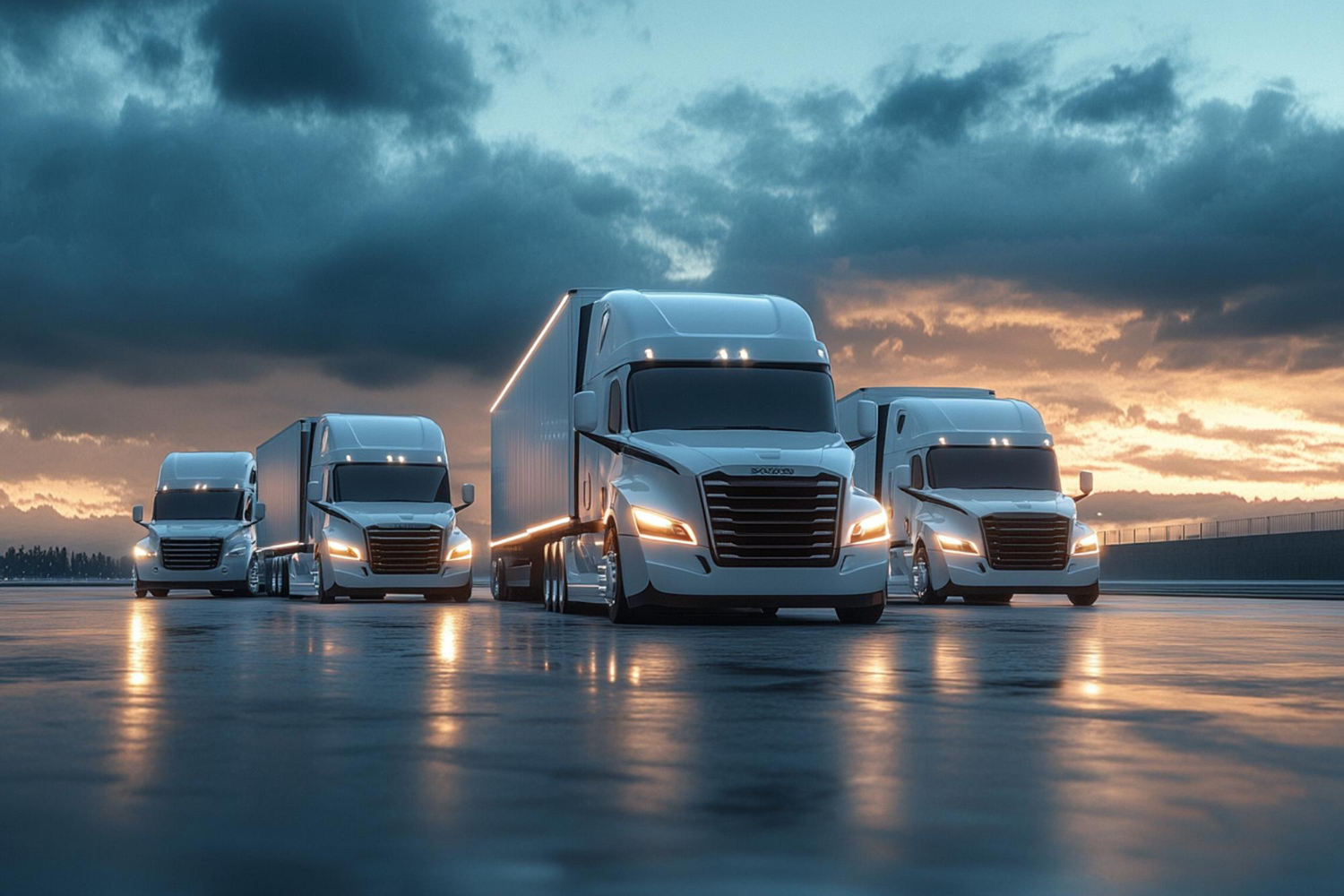 Fleet of modern commercial trucks on the road
