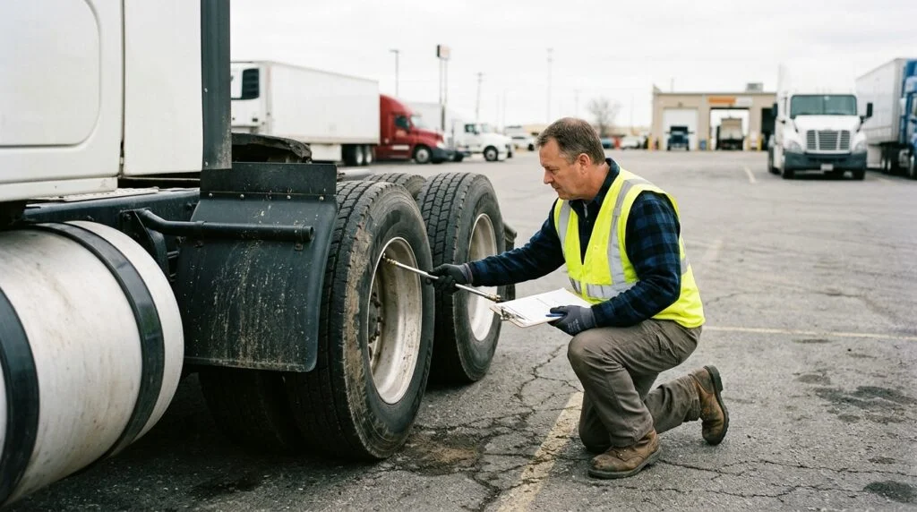 Inspector checking commercial truck tire condition